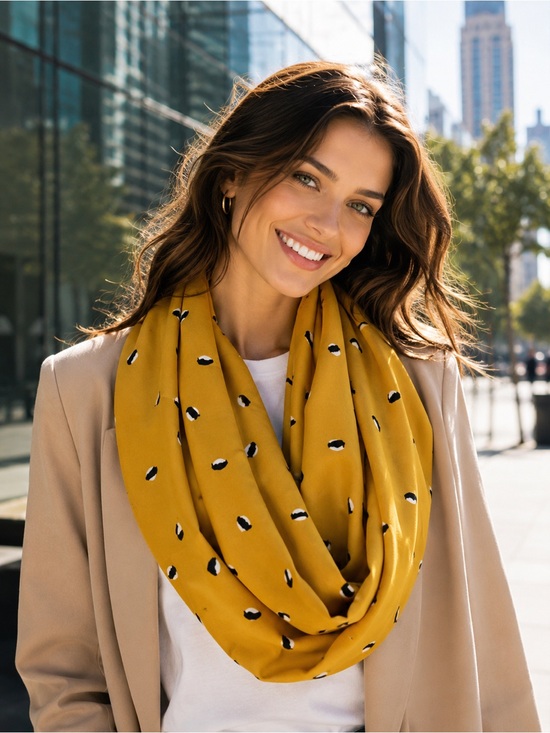 Boston Mamas Accessories - Mustard Infinity Scarf with Black and White Spot Accents — Women's Wrap